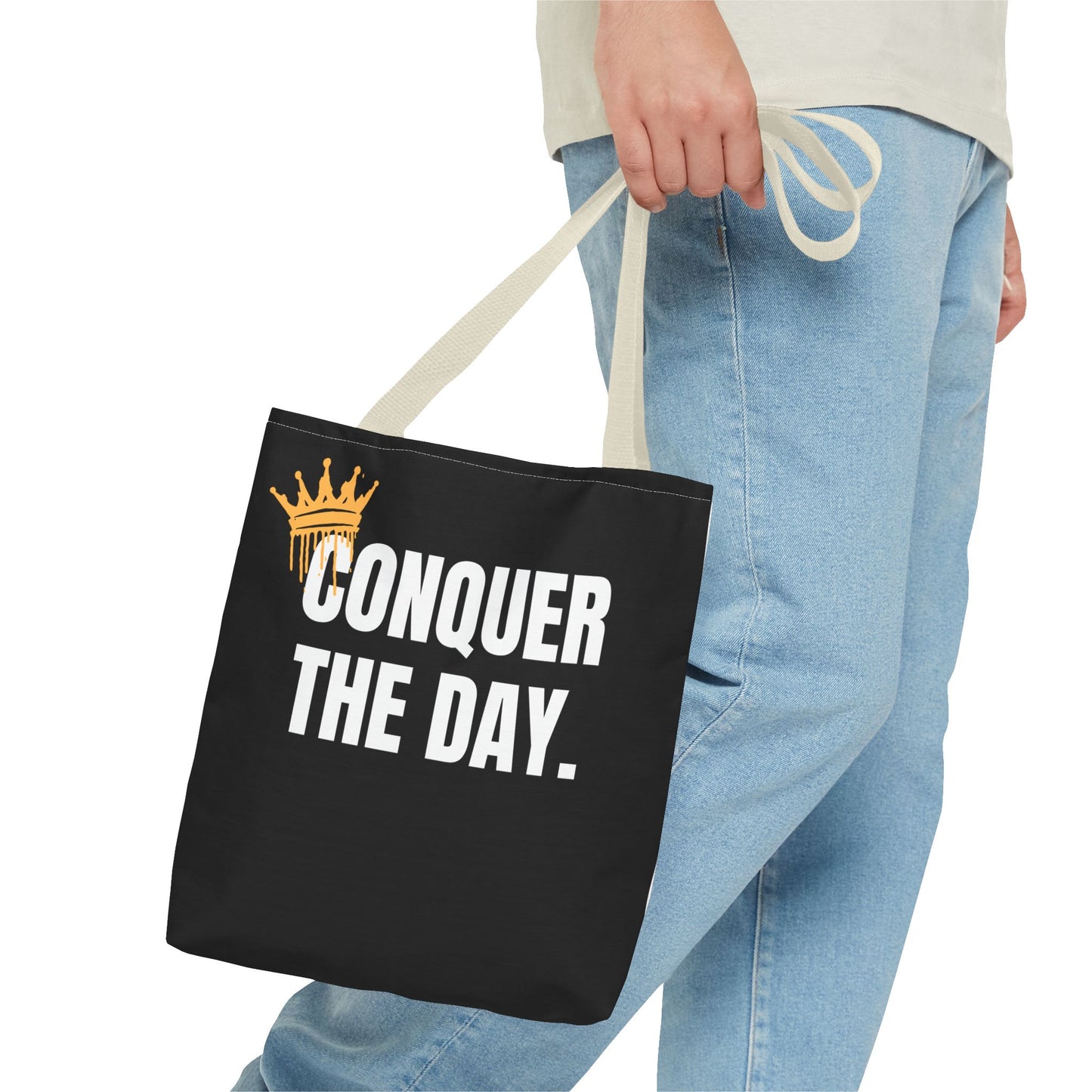 Empowering Black Tote Bag - "Conquer The Day" Motivational Design